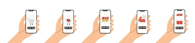 Set aus Hand, die Smartphone mit Geschenkboxen, Einkaufswagenfeuerwerk und Rabatten auf dem Bildschirm hält