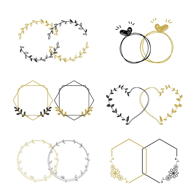 Set aus handgezeichnetem rahmenelement in schwarz und gold für hochzeitskarte oder valentinstagskarte