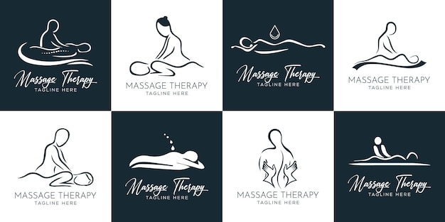 Set aus handgezeichnetem spa-element-logo mit körper und blättern. logo für spa- und beauty-salon-premium-vektor