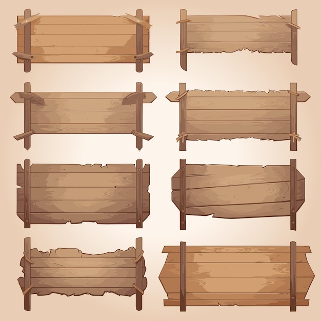 Set aus hölzernen Tafeln, texturierten Tafeln, Schild in Cartoon-Stil, Vektorillustration, rustikaler Tafel