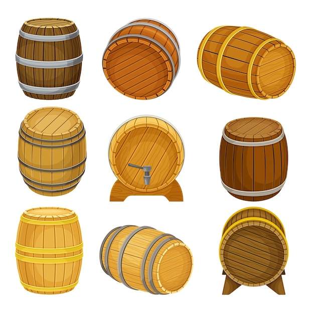Set aus Holzfässern Alte Eichenfässer zur Aufbewahrung von Getränken Vektorillustration