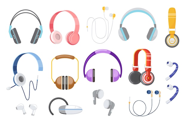 Set aus Kopfhörern, Kopfhörern, kabelgebundenen und kabellosen Audiogeräten zum Musikhören. Ohrhörer für Smartphone-Geräte