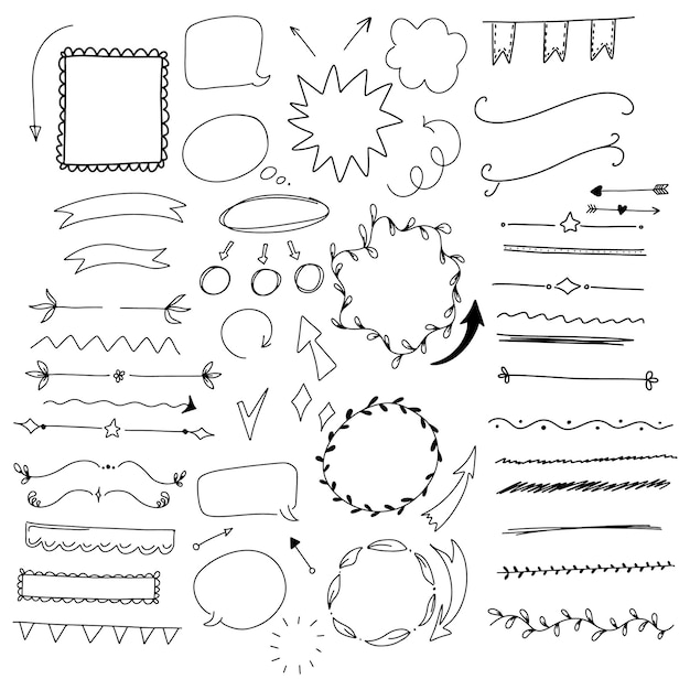 Vektor set aus kritzellinien, trennwänden, sprechblasen, bändern, bannern und rahmen für text