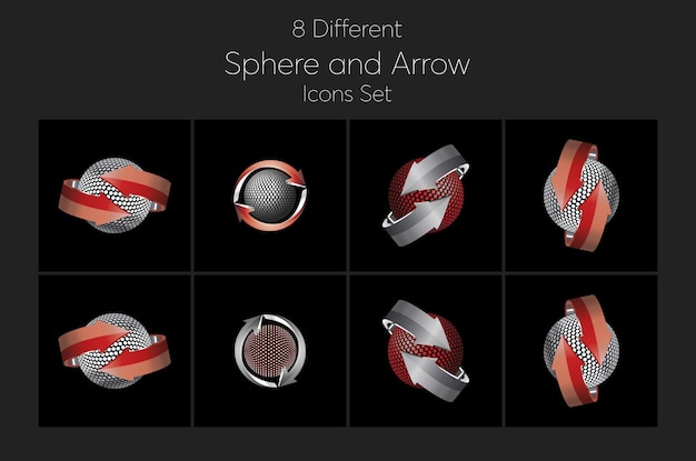 Set aus Kugel und Pfeil-Logo-Vektorsymbol mit rotem und silbernem Farbverlauf auf schwarzem Hintergrund