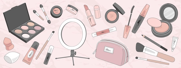 Set aus make-up-produkten und pinseln