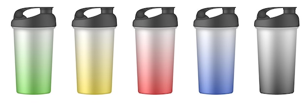 Set aus mehrfarbigen sportbechern oder flaschen für wasser protein-shake-getränk grüne, schwarze, gelbe, blaue und violette reisebecher mit farbverlauf