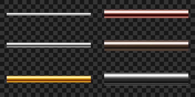 Set aus metallrohren rohrprofile aus stahl, gusseisen, aluminium, kupfer und messing realistische vektordarstellung isoliert auf transparentem hintergrund