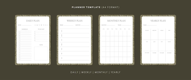 Set aus minimalistischen Vorlagen für tägliche, wöchentliche, monatliche und jährliche Planer mit Terrazzo-Muster