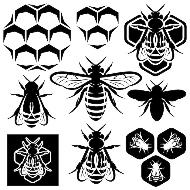 Set aus monochromen Honig-Emblemen und Designelementen Bienenwaben-Silhouetten