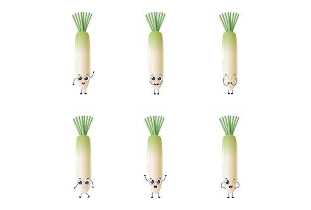 Set aus niedlichem cartoon-daikon-gemüse-vektorzeichensatz isoliert auf weißem hintergrund