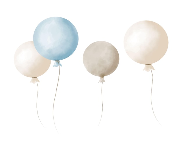 Set aus niedlichen bunten Aquarell-Rundballons Handgezeichnete Vektorillustration in blauer und cremefarbener Farbe für Kindergeburtstagsdesign oder Symbolzeichnung auf weißem Hintergrund