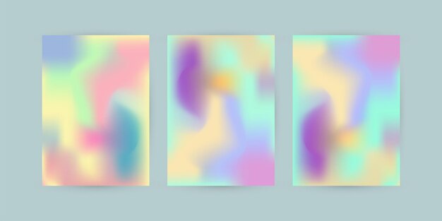 Set aus pastellfarbenen, abstrakten kurven, gefüllt mit verlaufsdesign, drei farbenfrohen pastellvorlagen