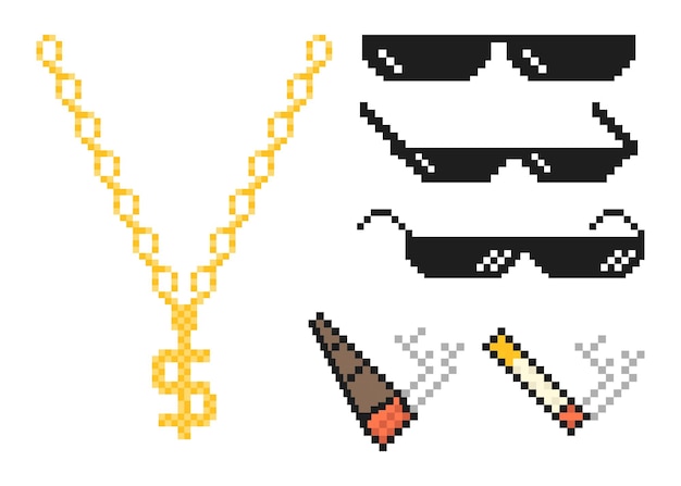 Set aus pixelgläsern, goldkette, zigaretten und zigarren, isoliert auf weißem  hintergrund, vektorillustrationxa
