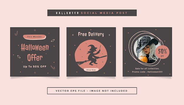 Set aus quadratischem flyer-post mit grau-orange-rosa farben halloween-thema für social media