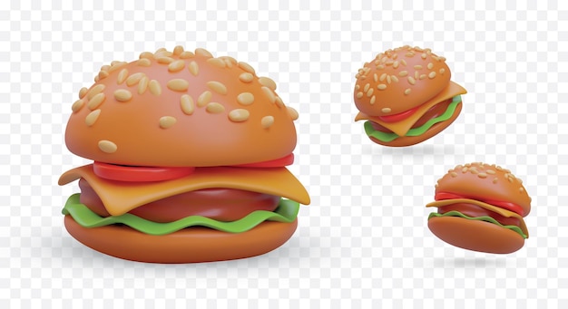Set aus realistisch geschichteten Burgern in verschiedenen Positionen. Rundes Brötchen, bestreut mit Sesamkörnern