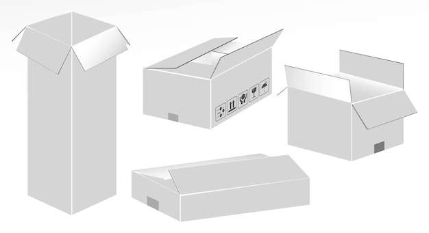 Vektor set aus realistischem weißem karton isoliert oder zerbrechliche verpackungen oder verpackungs-online-shop nachgebildet