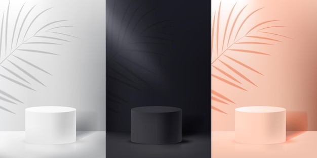Set aus realistischem zylinderpodest mit weißem, schwarzem und cremefarbenem palmblattschatten