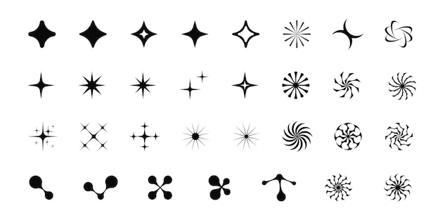 Set aus Retro-Grafikformen, Sterne funkeln, blinken, runde Stammesaufkleber, Metabälle, Y2K-Symbole