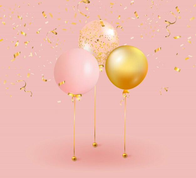 Set aus rosa, goldenen Luftballons mit goldenen Konfetti.