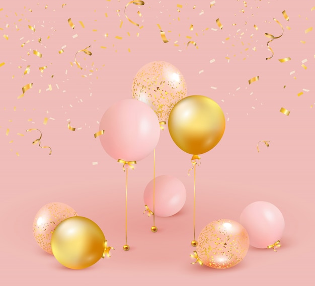 Set aus rosa, goldenen Luftballons mit goldenen Konfetti.