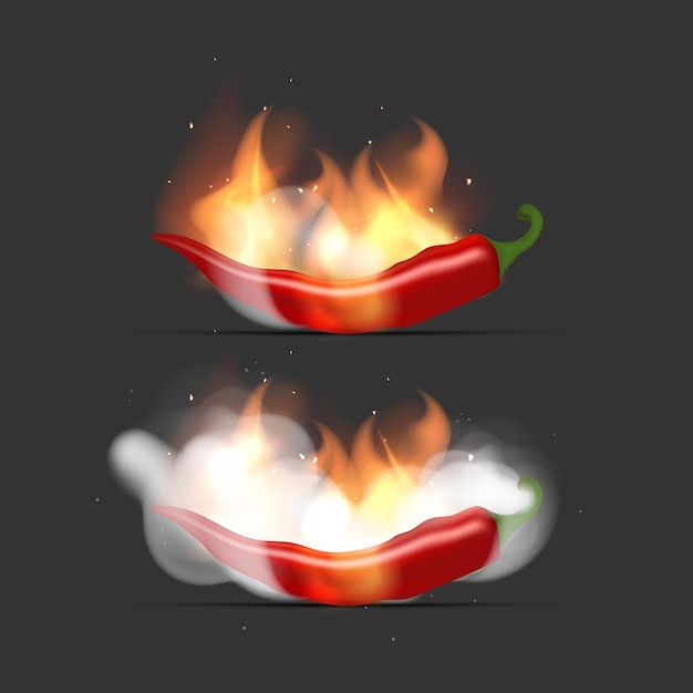 Set aus roten Peperoni in Brand und Rauch Chilischoten weiße Rauchwolken und Flammen Realistische Vektorgrafik