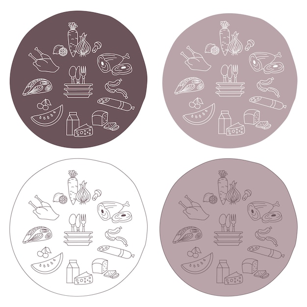 Set aus runden aufklebern mit lebensmittelgeschäft-symbolen einfache linie hand zeichnen gesunde lebensmittel vektor-illustration