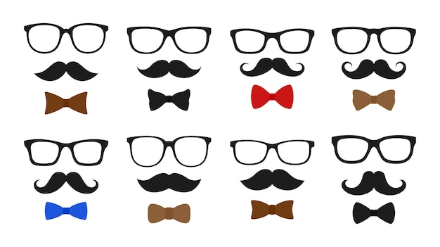 Set aus Schnurrbartfliege und Brille im flachen Stil isoliert