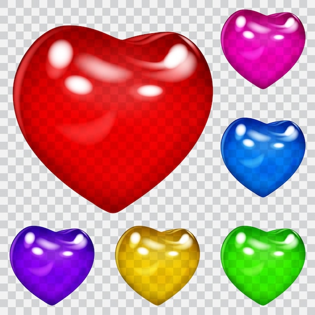Set aus schönen transparenten, glänzenden Herzen in verschiedenen Farben. Kann mit jedem Hintergrund verwendet werden