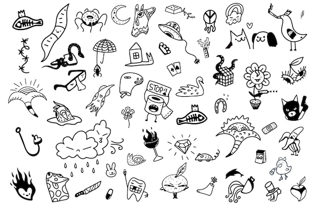 Set aus schwarz-weißer Doodle-Illustration mit verschiedenen lustigen Charakteren.