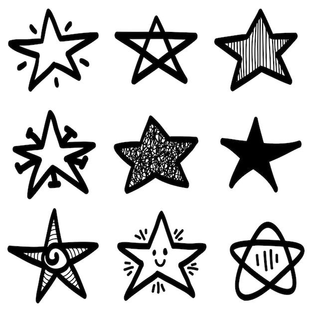 Set aus schwarzen handgezeichneten Doodle-Sternen isoliert auf weißem Hintergrund