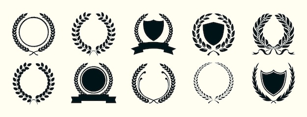 Set aus schwarzen silhouetten, kreisförmigen lorbeerblätter-silhouetten, lorbeerkranz, heraldischer trophäenkamm