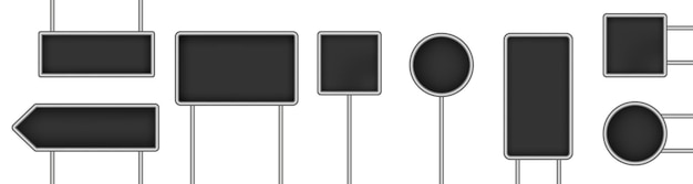 Vektor set aus schwarzen tafeln zum aufhängen von tafeln, schildern, runden quadratischen wegweisern, 3d-werbetafel aus metall am straßenrand