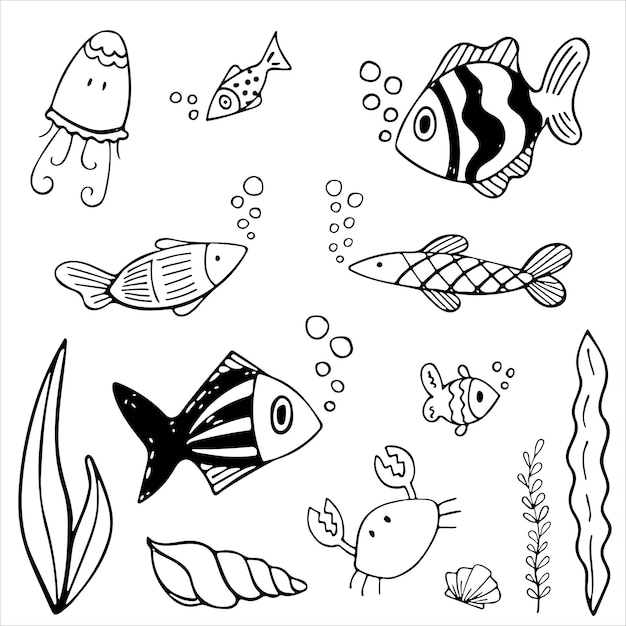 Set aus schwarzen und weißen fischen in handgezeichneter seefischillustration im doodle-tintenstil