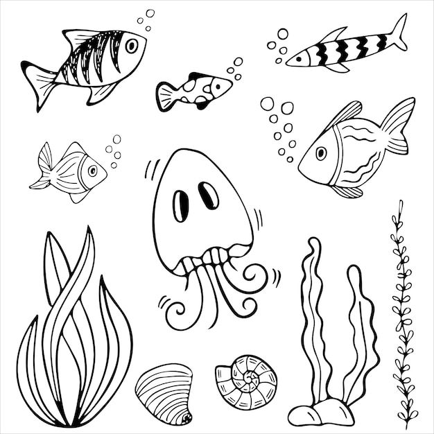 Set aus schwarzen und weißen Fischen in handgezeichneter Seefischillustration im Doodle-Tintenstil