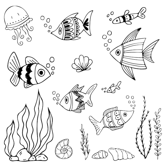 Set aus schwarzen und weißen fischen in handgezeichneter seefischillustration im doodle-tintenstil