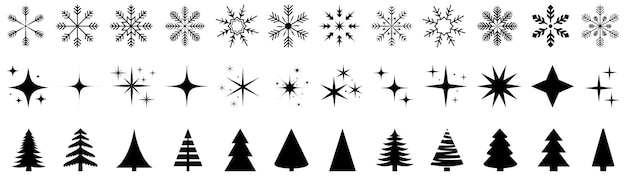 Set aus schwarzen Weihnachtselementen, Weihnachtenbäumen, Schneeflocken und Sternen Kann für Hintergrundplakate, Banner, Flyer und so weiter verwendet werden
