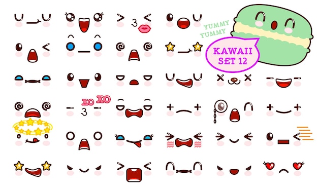 Set aus süßem kawaii-emoticon-gesicht und süßem macaron-kawaii