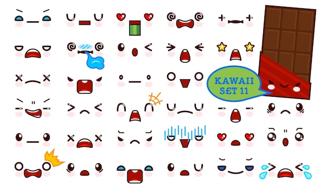 Set aus süßem kawaii-emoticon-gesicht und süßem schokoladenkawaii