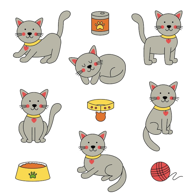 Set aus süßen katzen und accessoires im cartoon-stil auf weißem hintergrund