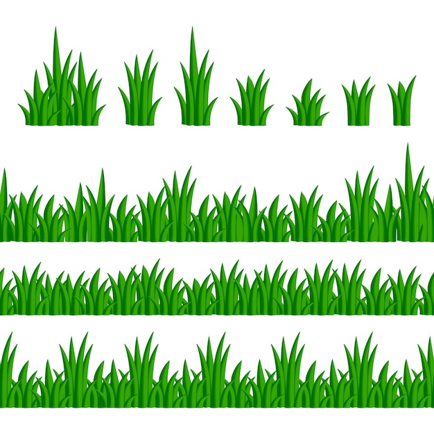 Vektor set aus trauben, büschen, nahtlosen rändern aus grünem gras auf weißem hintergrund. cartoon grünes gras.