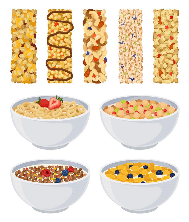 Vektor set aus trockenem müsli und müsli mit früchten.