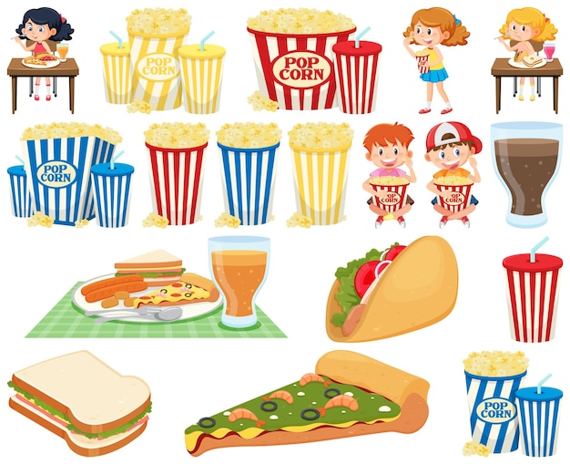 Set aus verschiedenen junk foods und kindern