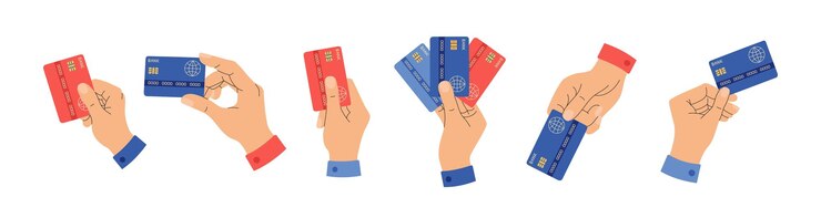 Set aus verschiedenen menschlichen Händen mit Kreditkarten. Virtuelles Geld, bargeldloses Bezahlen, digitale Transaktion