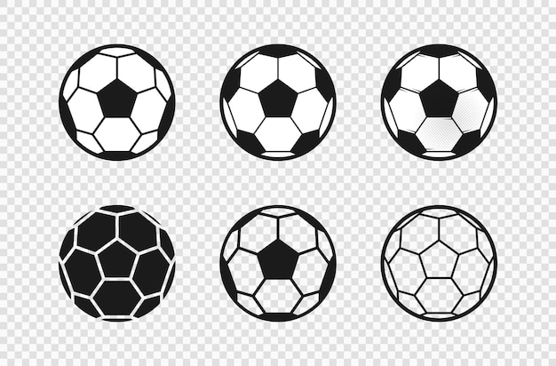 Set aus verschiedenen schwarz-weiß-fußball- oder fußballbällen mit einer vielzahl von fünfeckigen logomustern, einzeln auf transparentem hintergrund. vektor-illustration