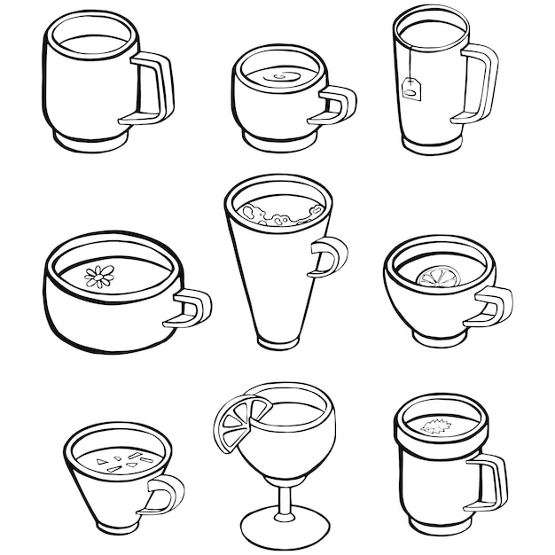 Set aus verschiedenen tassen mit tee oder kaffee. seitenansicht. verschiedene ornamente. blumen, beeren usw. handgezeichnete farbige trendige illustration. cartoon-stil. flaches design. vektor-illustration