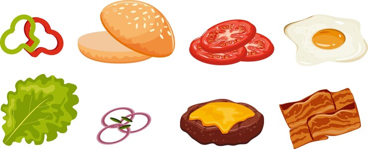 Vektor set aus verschiedenen zutaten für verschiedene burger und hamburger für den weltburgertag