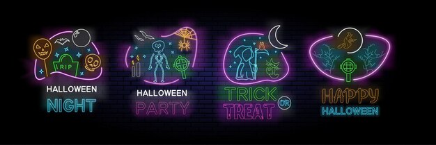 Set aus vier farbenfrohen halloween-designs für halloween-nacht, halloween-party, happy halloween und süßes und saures mit geistern, dem sensenmann und einer hexe auf schwarzen vektorgrafiken