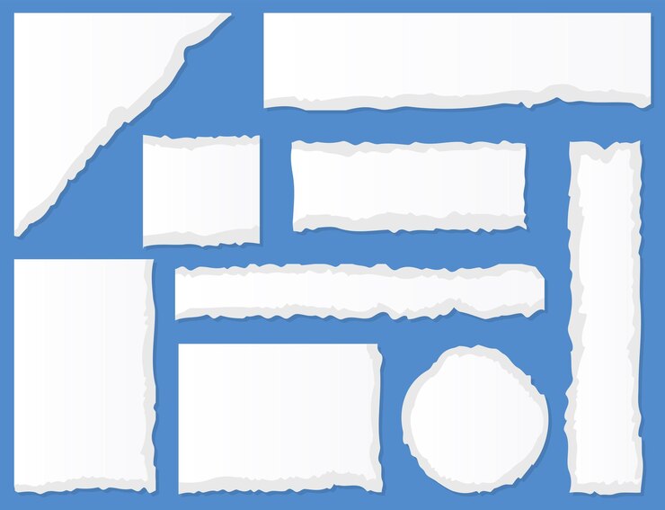 Set aus weißem zerrissenen oder gerissenen Papierblatt Scrapbook Kanten Notizbuch Tränen oder leere Seite Split Zerrissenes Papier