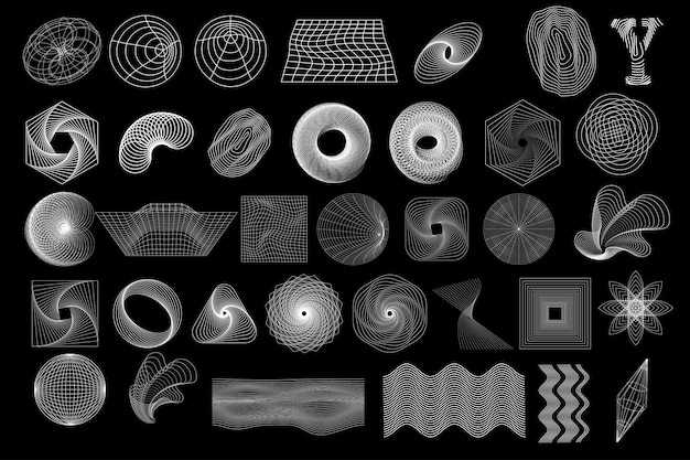 Set aus weißen, abstrakten, geometrischen y2k-Drahtgitterelementen formt Retro-Designelemente