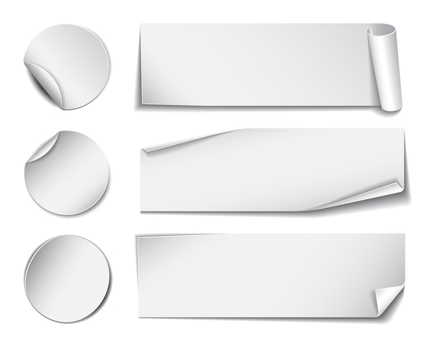 Vektor set aus weißen rechteckigen und runden papier-werbeaufklebern auf weißem hintergrund vektor